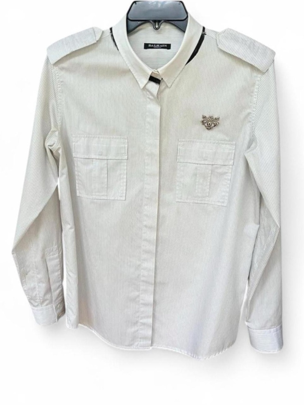 Balmain Paris 2010 military sleeve brooch button down shirt white pinstripe EUC
